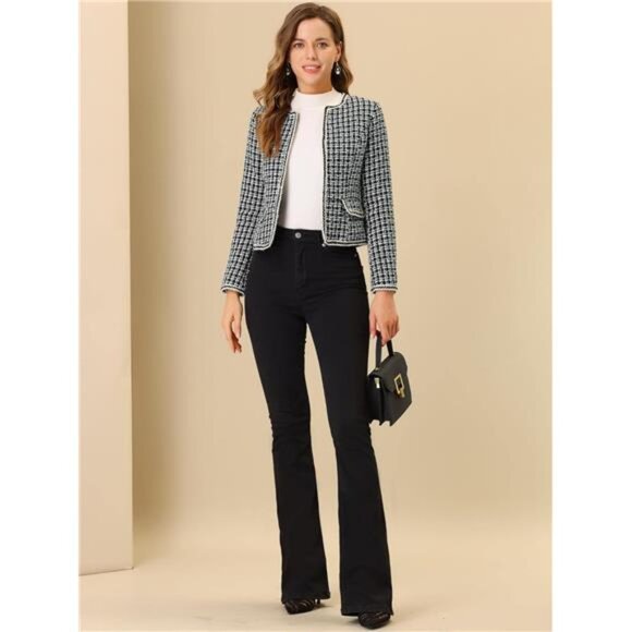 COPY - Women's Plaid Tweed Blazer: Long Sleeve Open Front Office Jacket - Picture 3 of 7